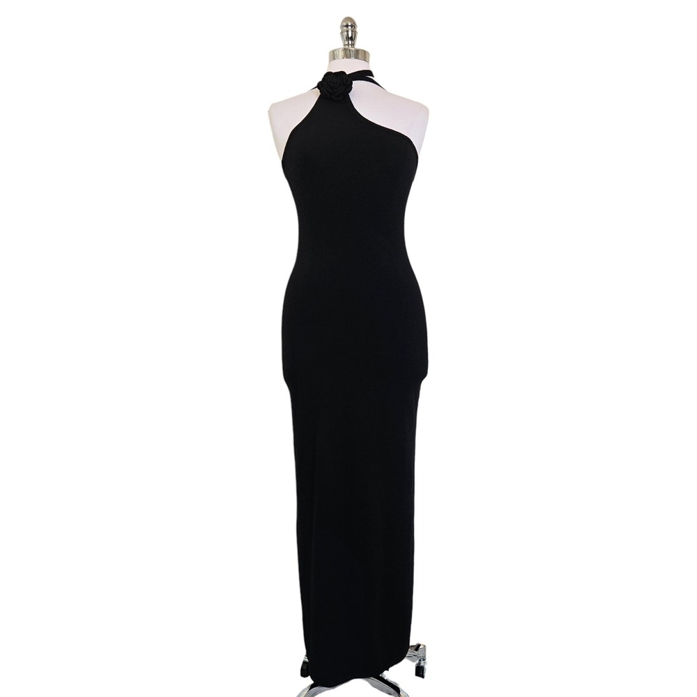 Reformation Ilaria Black Cashmere Rosette One Shoulder Maxi Dress NWT M - Picture 3 of 9